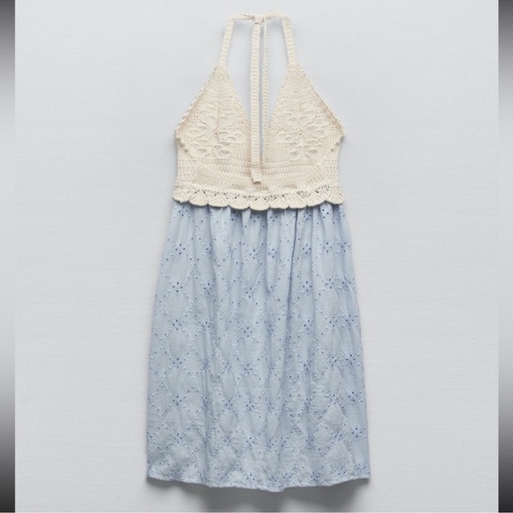 Zara Combination Embroidered Dress Cream & Blue NWT - Picture 4 of 7